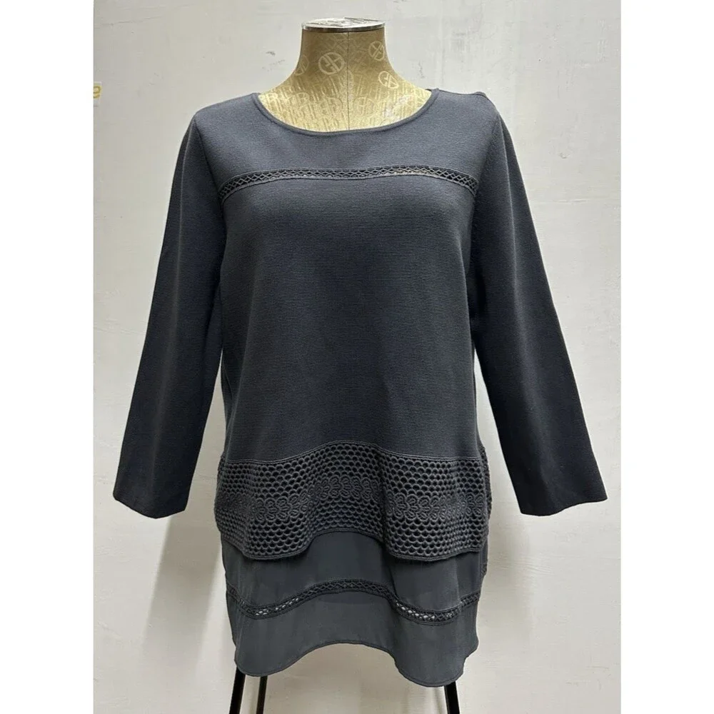 Ann Taylor women size large gray cotton  sweater with embellished trim   new